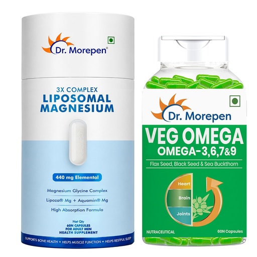 [BRSRY2QNPIBAYA35] Dr. Morepen Liposomal Magnesium Complex 440mg with Aquamin®, Magnesium Glycinate, Vitamin D2, K2-7, B6 & B12 + Veg Omega 3 6 7 9 500mg with Sea Buckthorn, Flax Seed & Black Seed | Daily Wellness Combo