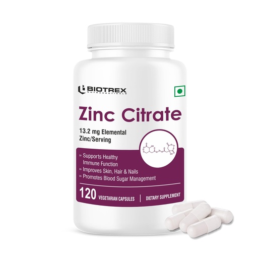 [BRSRA2Q5BAFQ2AA6] Biotrex Nutraceuticals Zinc Citrate Supplement | Immunity & Growth | Better Immune System & Overall Healing | Well Absorbed Zinc | 120 Veg Capsules