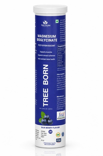 [BRSRYFT6ARYWK2YZ] Tree Born Magnesium Bisglycinate Effervescent Tablets | Highly Bioavailable Magnesium Supplement | Supports Muscle Function, Nerve Health & Mental Calmness | Blueberry Flavor | 20 Fizzy Tablets