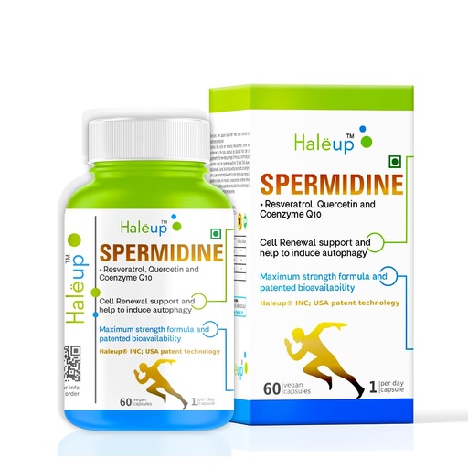 [BRSRAEANBNYGECY4] Haleup 99% Spermidine Trihydrochloride with Resveratrol| For Healthy Ageing | Autophagy| Cell Renewal | Immunity| Skin and Hair | Cognitive Support (4 pack X 60s count)