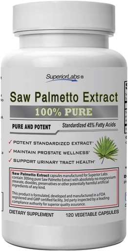 [BRSWIBTRBYGWGE3O] Superior Labs — Saw Palmetto Extract NonGMO, Non Synthetic— 300 mg Dosage, 120 Vegetable Capsules — Supports Urinary Tract Flow & Frequency