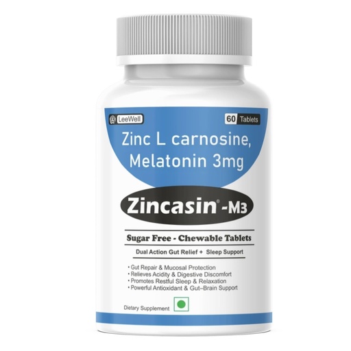 [BRSRYYAHOQIBSAIZ] Zincasin -M3 (LeeWell) Chewable Zinc Carnosine, Melatonin 3mg | Support Night time gastrointestinal (GI) health, gut barrier integrity, restorative sleep, Leaky Gut Health, Gastric Ulcer Support - 60 Tablets