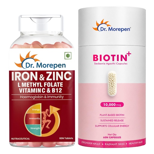 [BRSRY2QNBB5Q4H3D] Dr. Morepen Biotin+ 10,000 mcg with Pure Sesbania Agasthi Extract + Iron & Zinc Tablets with Vitamin C & B12 | Hair, Skin, Nails & Daily Nutrition Wellness Combo for Men & Women
