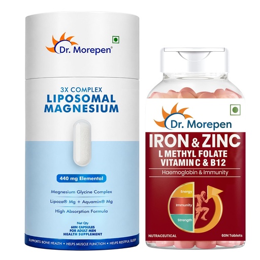 [BRSRY2T6DF6GYYA3] Dr. Morepen Liposomal Magnesium Complex 440mg with Aquamin®, Magnesium Glycinate, Vitamin D2, K2-7, B6 & B12 + Iron & Zinc Tablets with Vitamin C & B12 for Men & Women | Daily Wellness Combo