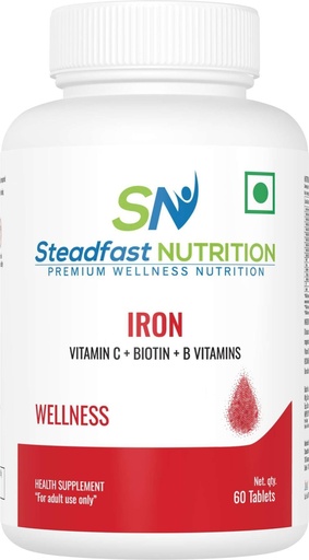 [BRSRYZIEBAGWAFI2] Steadfast Nutrition Iron Tablets – Fortified with Vitamin C, Biotin & 8 Essential B Vitamins for Anaemia Relief & Hair Health – 60 Count (56g)
