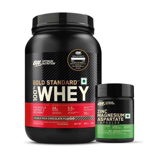 [BRSRAAQCDMHBY3TZ] Optimum Nutrition (ON) Zinc Magnesium Aspartate (ZMA) - 60 Capsules and On Gold Standard 100% Whey -2 lbs (Double Rich Chocolate)