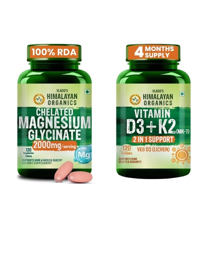 [BRSRYFI3CR6BY3LH] Vlado's Himalayan Organics Chelated Magnesium Glycinate 2000mg + Vitamin D3 K2 600 IU + 55mcg MK7 Supplement for Men & Women | Sleep, Muscle Recovery, Bone & Immunity Support - 120 Veg Tablets