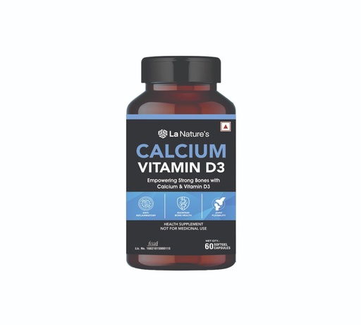 [BRSWYYALOYIWMC3B] La Nature's Calcium & Vitamin D3 Capsules Calcium Carbonate 500 mg Vitamin D3 Supplement for Men & Women for - 60 Softgels