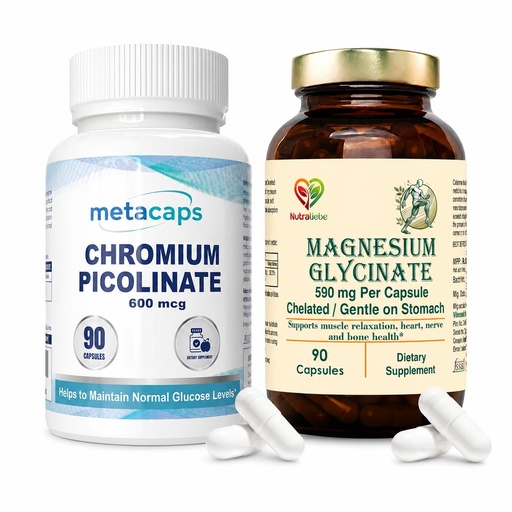 [BRSRYYIFPINQ2DLX] Metacaps Chromium Picolinate 600mcg + NutraLiebe Magnesium Glycinate 590mg Bundle | Blood Sugar, Metabolism, Muscle, Nerve & Heart Health Support | 90 Capsules Each