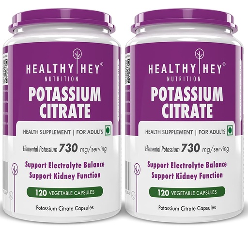 [BRSRAZYEAUCQOA3B] HealthyHey Nutrition Potassium Citrate 730mg - 120 Vegetable Capsules - Pack of 2