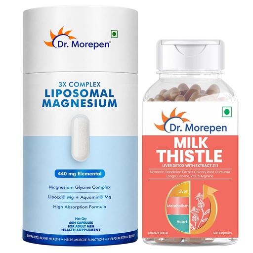 [BRSRY2T6DIGQMDQ7] Dr. Morepen Liposomal Magnesium Complex 440mg with Aquamin®, Magnesium Glycinate, Vitamin D2, K2-7, B6 & B12 + Milk Thistle Capsules for Men & Women | Daily Wellness Combo Pack