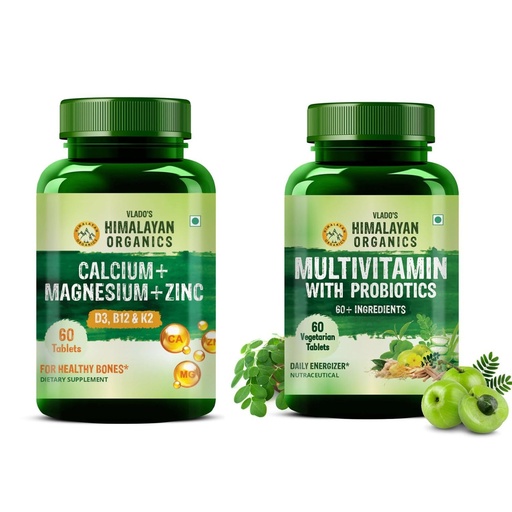 [BRSRYEAKBMDRGFY4] Vlado's Himalayan Organics Calcium Magnesium Zinc with Vitamin D3 + K2 & Multivitamin with Probiotics Combo | Bone, Joint & Daily Wellness Support | 60 Tablets + 60 Veg Tablets | For Men & Women