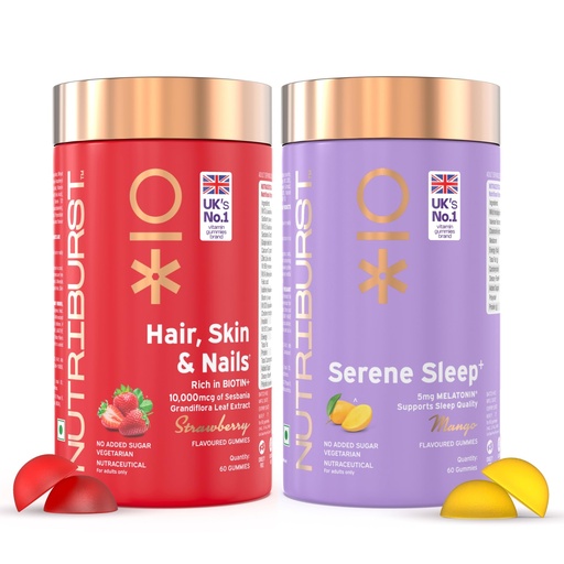 [BRSRABDQAQHQ23D4] Nutriburst Beauty Sleep Combo: Hair, Skin & Nails Biotin Gummies + Serene Sleep Melatonin Gummies for Radiant Skin, Stronger Hair, and Restful Sleep | Beauty, Relaxation & Wellness | No Added Sugar (Pack of 2X60)