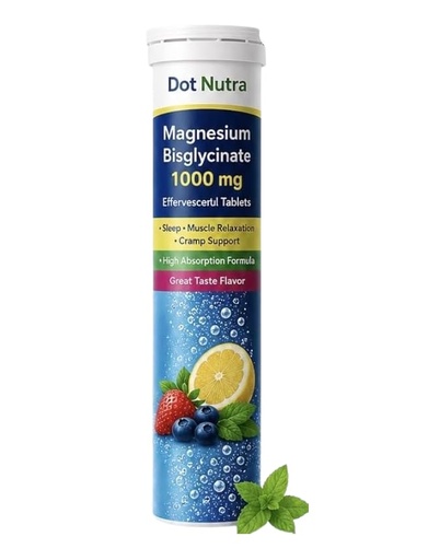 [BRSRYZQ6OZ5WKET2] Magnesium Bisglycinate Effervescent Tablets, 1000 mg, Sleep and Muscle Relaxation Support, Lemon Flavour, 15 Tablets (Pack of 1)