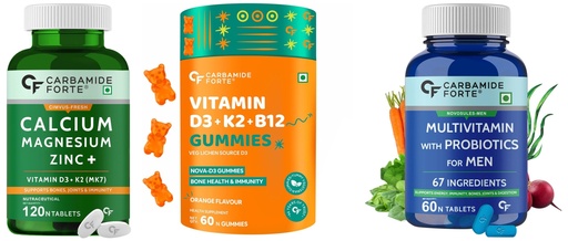 [BRSREYD3OABWKG3U] Carbamide Forte Health Set - Calcium-Magnesium-Zinc (120 Tablets) + Vitamin D3-K2-B12 Gummies (60pcs, Mango) + Men's Multivitamin (60 Tablets) | Complete Nutrition