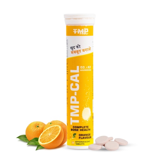 [BRSRAAAPCV5QGGQU] TMP CAL Calcium with Essential Vitamin D3, Vitamin K2 for Complete Health Support | Vitamin D3,B6,Calcium & Magnesium Combination | Orange Flavour (1 Pack (20 Effervescent Tablets))