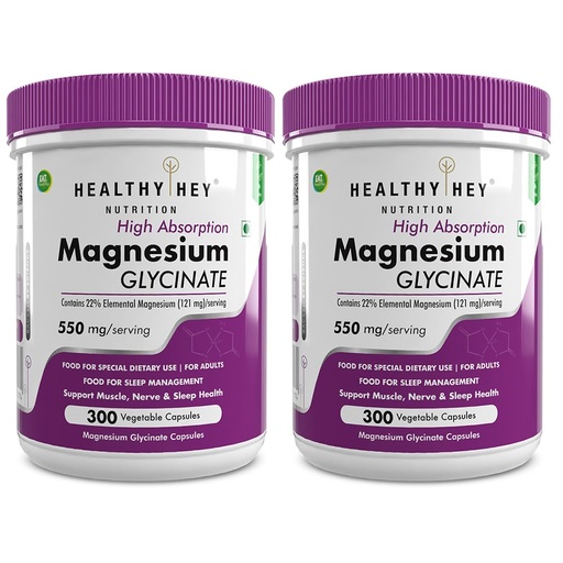 [BRSRAZYEAQMAMELD] HealthyHey Nutrition High Absorption Magnesium Glycinate, 550mg - 300 Vegetable Capsules - Pack of 2