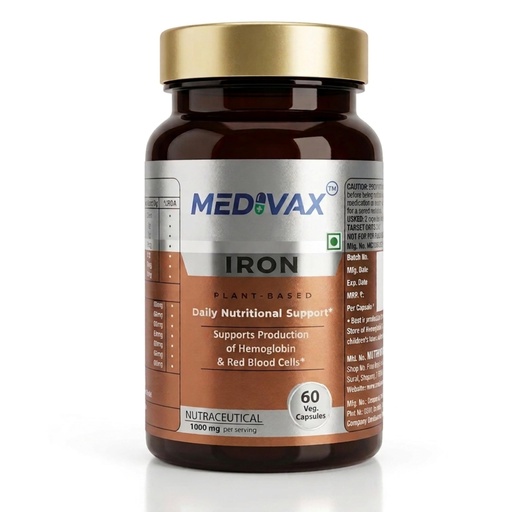 [BRSRGCD2PN7RED3F] Plant-Based Iron Supplement Capsules – Supports Hemoglobin & Red Blood Cell Production | Reduces Fatigue | Boosts Energy Levels With Vitamin C & Vitamin B9 - 1000mg Nutraceutical - 60 Veg Capsules For Men & Women
