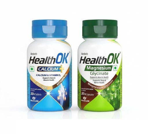 [BRSRYFIFDENBMAL4] Health OK Magnesium Glycinate (30 Count) & Calcium Tablets (30 Count) Combo Pack | High Absorption Supplement for Muscle Recovery, Nerve Health, Bone Strength & Better Sleep | by Mankind