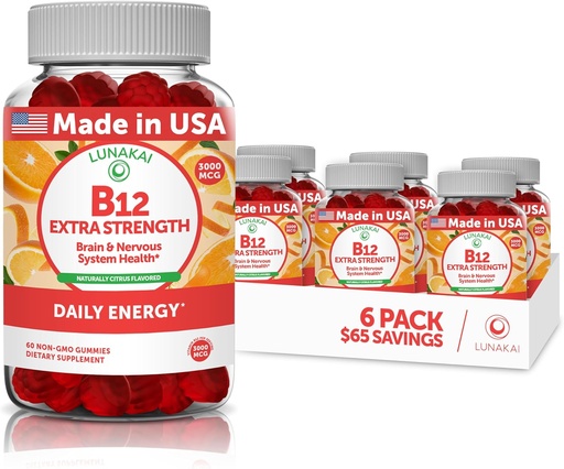 [BRSRMAIRB4BRU3I2] B12 Gummies bitamina helduentzako - Gehien Proprietary Formula - 3000mcg Methyl B-12 Absorption Energy Gummies - Ez-GMO Vegan Vit B12 - Chewable B 12 Energiaren eta Hezurren Osasunerako - 6 Pack
