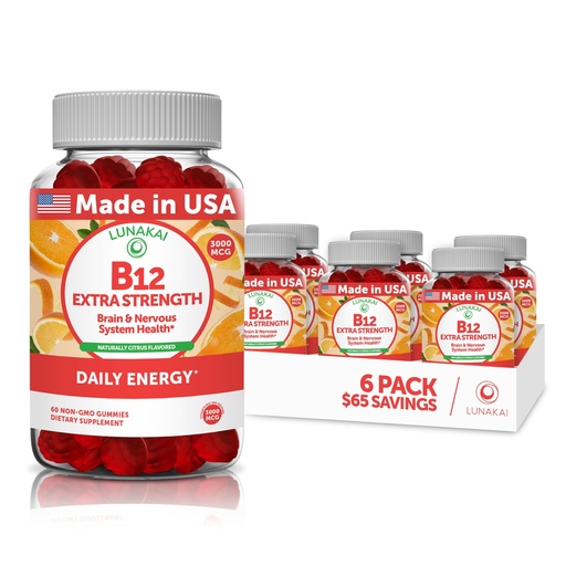 [BRSRMAIRB4BRU3I2] Lunakai USA Made Vitamin B12 Gummies 3000mcg, B12 Vitamins for Energy, Brain & Metabolism Support, Methylcobalamin for Adults, Women & Men, Non-GMO Vegan, 60 Daily Gummy Vitamins, 6 Pack