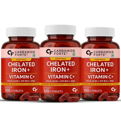 [BRSRAFQ5DNYB42DO] Carbamide Forte Chelated Iron + Vitamin C, B12, Folic Acid & Zinc - 100 Veg Iron Tablets (Pack of 3)