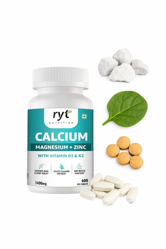 [BRSRAALRCMNROG3J] Calcium Tablets, With Magnesium Zinc & Vitamin D3 & K2 (1400mg) - 60 Veg Tablets | For Bone Health & Joint Support | Muscle Strength Supplement For Men & Women