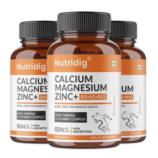 [BRSRYGD7CQFGKCQ2] Veg Calcium Magnesium Zinc Supplement with Vitamin D3, K2 MK7 & B12 | Daily Bone, Muscle & Mineral Nutrition for Men & Women - 60 Capsules - Pack of 3