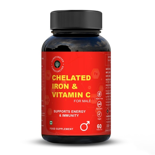 [BRSREHADDEIWCCDB] CUREFOREVER Chelated Iron & Vitamin C 60 Tablets for Men - High Absorption Iron & Vitamin C Supplements for Energy, Immunity, Skin Tiredness & Fatigue