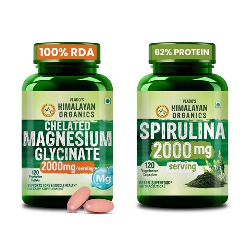 [BRSRY2YQBUPQK2TB] Vlado's Himalayan Organics Magnesium Glycinate + Spirulina Combo | Chelated Magnesium 2000mg & Spirulina 2000mg Green Superfood | Daily Wellness Support | 120 Veg Tablets + 120 Veg Capsules