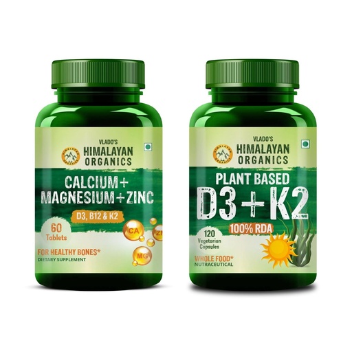 [BRSRYEAKB4HQMHLZ] Vlado's Himalayan Organics Calcium Magnesium Zinc with Vitamin D3, B12 & K2 + Plant Based Vitamin D3 (Lichen) & K2 MK7 | Bone, Joint, Muscle & Immune Support | Vegetarian Combo Pack
