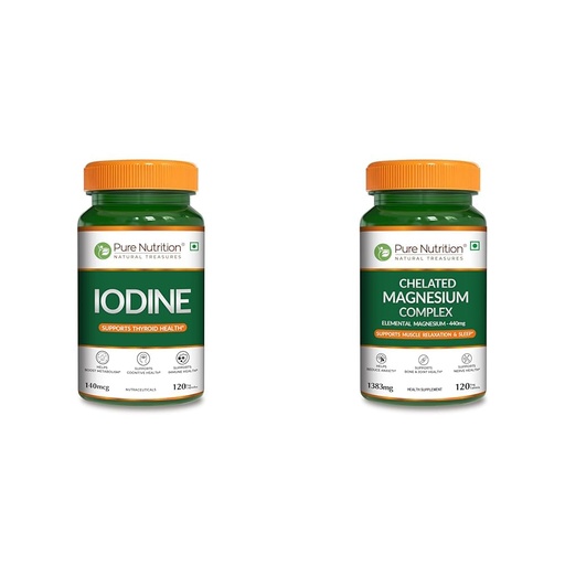 [BRSRYYADCV7BEHY3] Pure Nutrition Iodine (140 mcg), 120 Veg Capsules | Thyroid Support Supplement for Men & Women | B | Pure Nutrition Chelated Magnesium Glycinate With Citrate & Oxide Supplement | Triple Magnesium Com