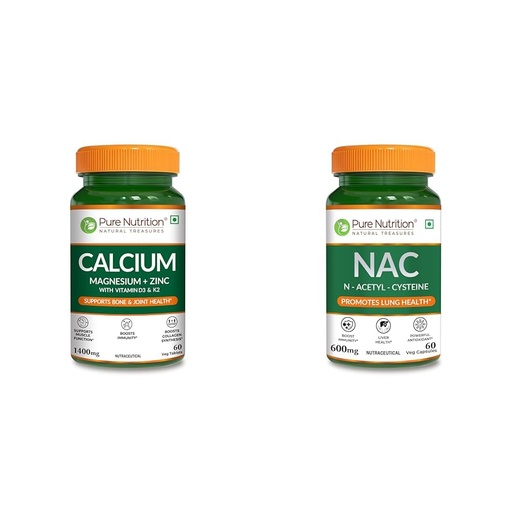 [BRSRYYADCQFW2HI3] Pure Nutrition Calcium Citrate 60 Tablets with Magnesium, Zinc, Vitamin D3 & K2 (600 IU) – Support | Pure Nutrition NAC (N-Acetyl L-Cysteine) 600mg - 60 Veg Capsules | Powerful Antioxidant Support fo
