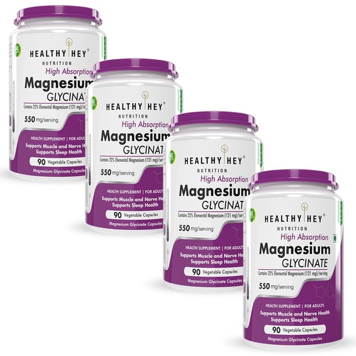 [BRSRAZYEBF6GCFDJ] HealthyHey Nutrition High Absorption Magnesium Glycinate, 550mg - 90 Vegetable Capsules - Pack of 4