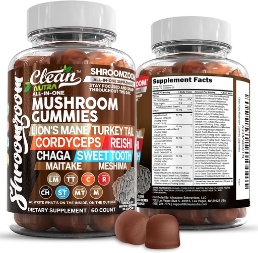[BRSRAZILC4OWYF3K] 15in1 Mushroom Gummies with Lion'm Mane Turkey Tail Cordyceps Reishi Chaga Sweet Toot Maitake Meshima Poria Cocos Shiitake Tremella, Oyster Agaricus Mushrooms for Men and Women supplement Clean Nutra