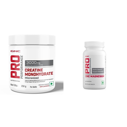 [BRSROFQNBZ7WCHLZ] GNC Pro Performance Creatine Monohydrate, (Unflavoured, 250 gm Powder) &Zinc Magnesium Amino (ZMA) Complex - For Restful Sleep & Relaxation - 60 Tablets (Pack of 1), 250 Grams