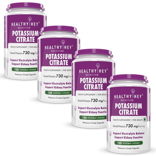 [BRSRAZYEBBYQ4DTO] HealthyHey Nutrition Potassium Citrate 730mg - 120 Vegetable Capsules - Pack of 4
