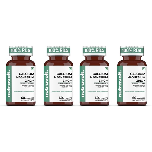 [BRSRYGQDDIJWCHI4] Calcium Magnesium Zinc Tablets with Vitamin D3 & K2 (MK7), Moringa, Alfalfa, Folic Acid & B12 | Bone, Joint & Immunity Support | 60 Tablets (Pack of 4)