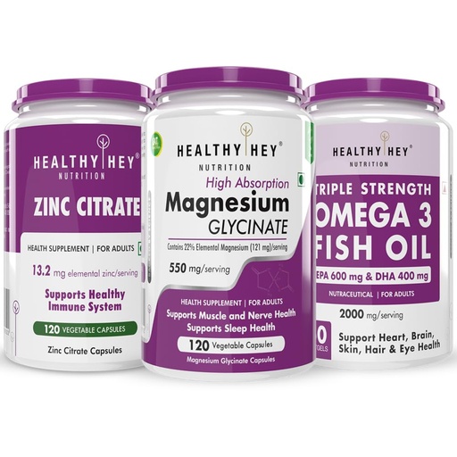 [BRSRAZYQOAFQK3I4] HealthyHey Nutrition Zinc citrate 120 capsules & Fish oil 60 softgels & Magnesium Glycinate 120 capsules