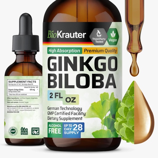 [BRSROGABCUJQK33H] BIO KRAUTER Ginkgo Biloba Extract - Tekoči Ginkgo Biloba Dodatki za možgane - Vegan, Alkohol in sladkor brez - 2 Fl Oz