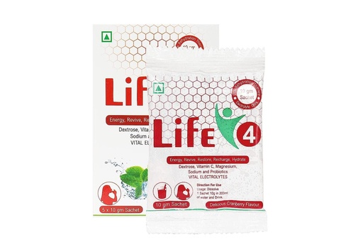 [BRSRMYAZCMDWME3K] Life 4 Sachet Dexteode | Vitamin C | Magnesium | Sodium and Probiotics Vital Electrolytes Sachets Cranberry Flavor (10 Gram Each Sachet) (20)