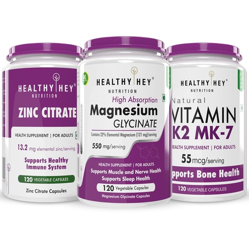 [BRSRAZYQOF6WOE3P] HealthyHey Nutrition Zinc citrate 120 capsules & Vitamin K2 MK7, 120 capsules & Magnesium Glycinate 120 capsule
