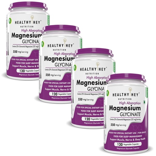 [BRSRAZYEAR5BQ3Q7] HealthyHey Nutrition High Absorption Magnesium Glycinate, 550mg - 120 Vegetable Capsules - Pack of 4