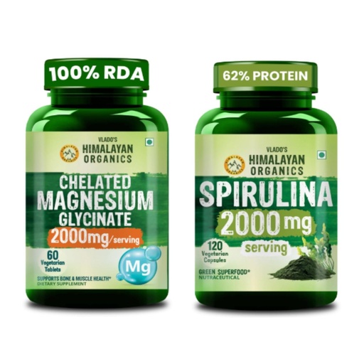 [BRSRYEIBAAIRAD3H] Vlado's Himalayan Organics Magnesium Glycinate 2000mg + Spirulina 2000mg | Muscle Support, Relaxation, Energy, Immunity & Daily Green Superfood | Veg Supplement Combo