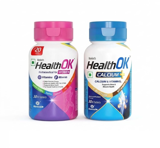 [BRSRYFIFCJ5GYETB] Health OK Calcium Tablets with Vitamin D3 (30 Count) & Multivitamin for Women (30 Count) Combo Pack for Joint Strength, Bone Density, Daily Energy & Immunity | by Mankind