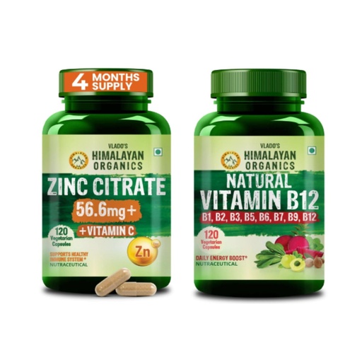 [BRSRYEIDOBYAAALX] Vlado's Himalayan Organics Zinc Citrate with Vitamin C + Plant-Based Vitamin B12 with B Complex & Moringa | Immune, Energy, Metabolism & Daily Wellness Support | Veg Supplement Combo