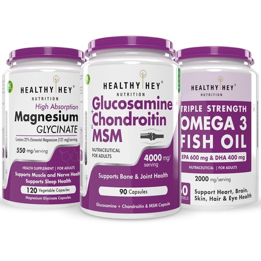 [BRSRAZYQOIBQIC36] HealthyHey Nutrition Magnesium Glycinate 120 capsules & Fish oil 60 softgel & Glucosamine Chondroitin and MSM 90 Capsules