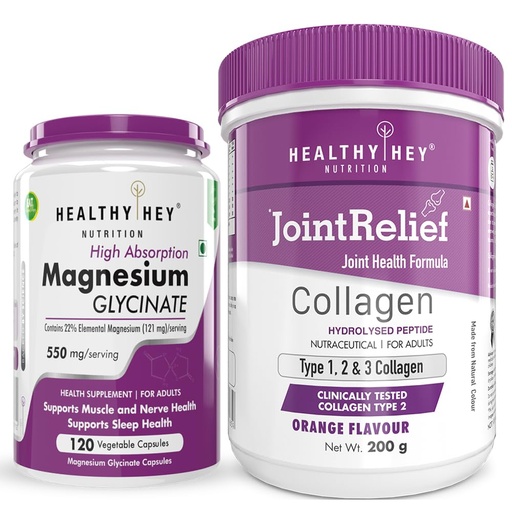 [BRSRAZYRDMHQMFDK] HealthyHey Nutrition Magnesium Glycinate 120 capsules & Joint relief Collagen Powder - Orange Flavour 200g