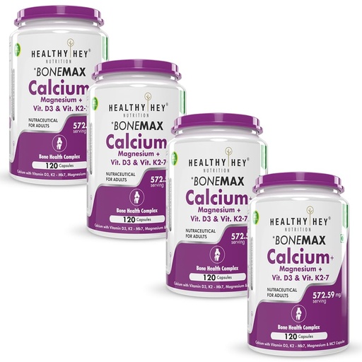 [BRSRAZYEBN6WAF3K] HealthyHey Nutrition Vegan Calcium with Magnesium, Vitamin D3 & Vitamin K2- Mk7 - BoneMax - Bone Health Complex - 120 Vegetable Capsules - Pack of 4