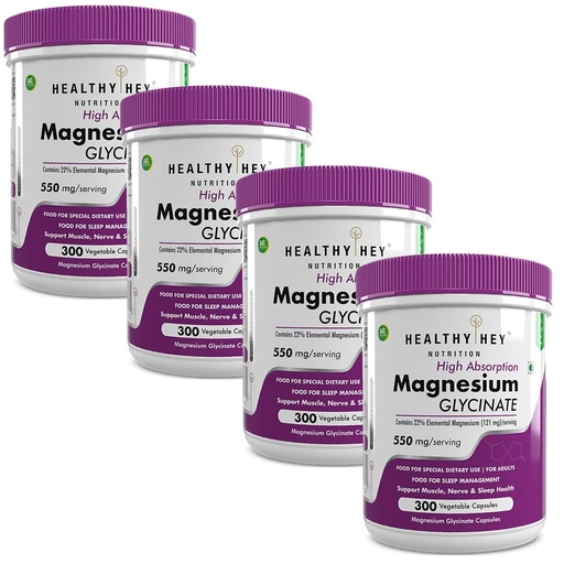 [BRSRAZYEA57Q2HLK] HealthyHey Nutrition High Absorption Magnesium Glycinate, 550mg - 300 Vegetable Capsules - Pack of 4